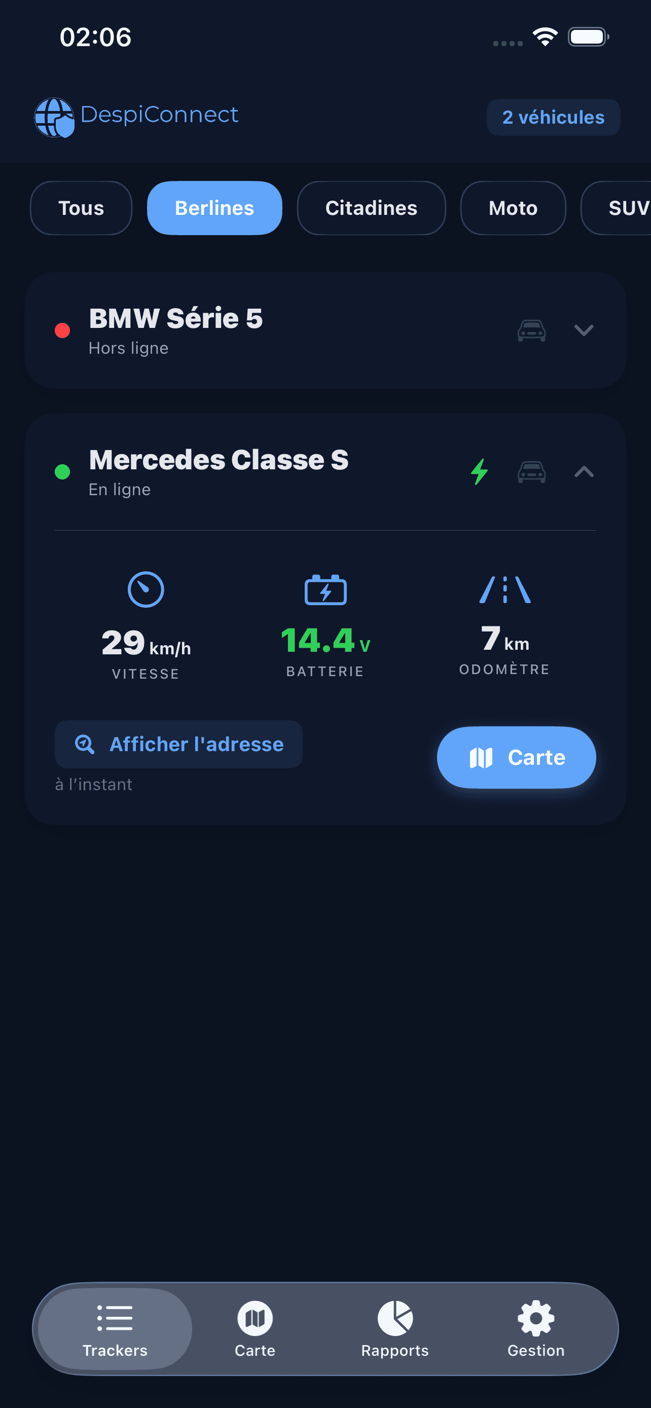 Écran d'accueil — liste des trackers avec données temps réel