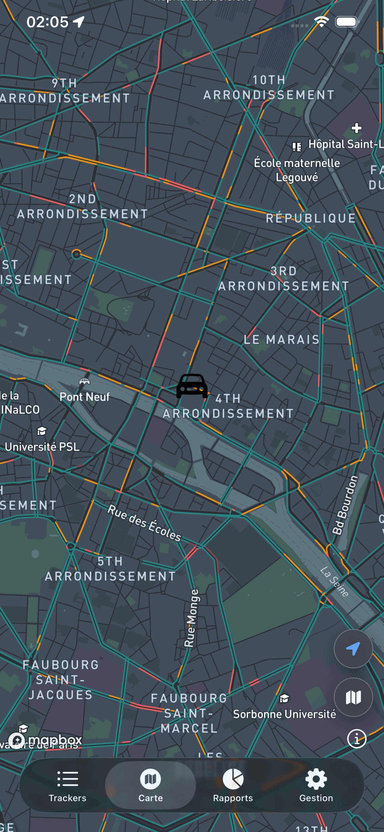 Carte interactive avec position GPS et coupe-circuit